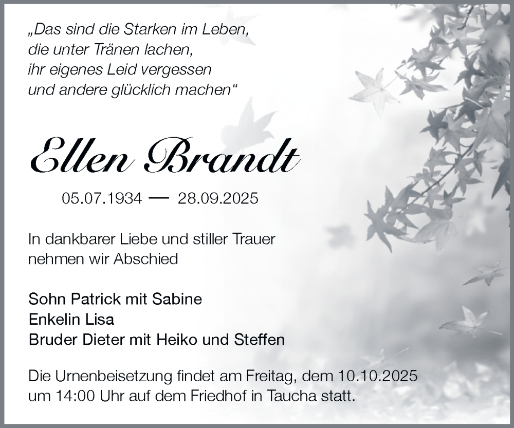  Traueranzeige für Ellen Brandt vom 04.10.2025 aus Volksstimme Altmark Ost