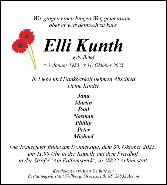 Traueranzeige von Elli Kunth von Mitteldeutsche Zeitung Halle/Saalkreis