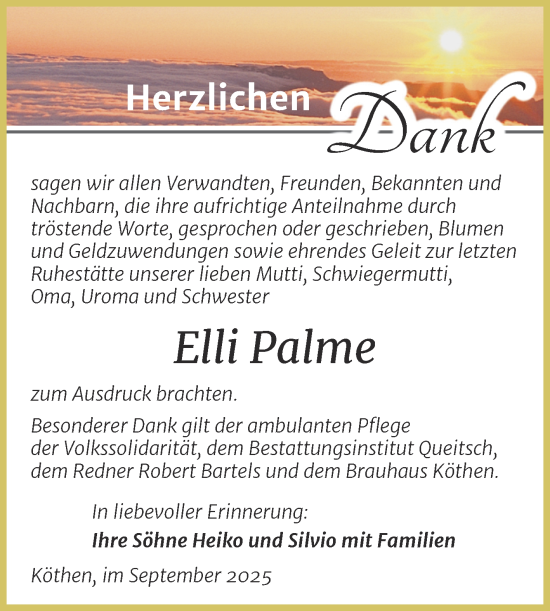 Traueranzeige von Elli Palme von Trauerkombi Köthen