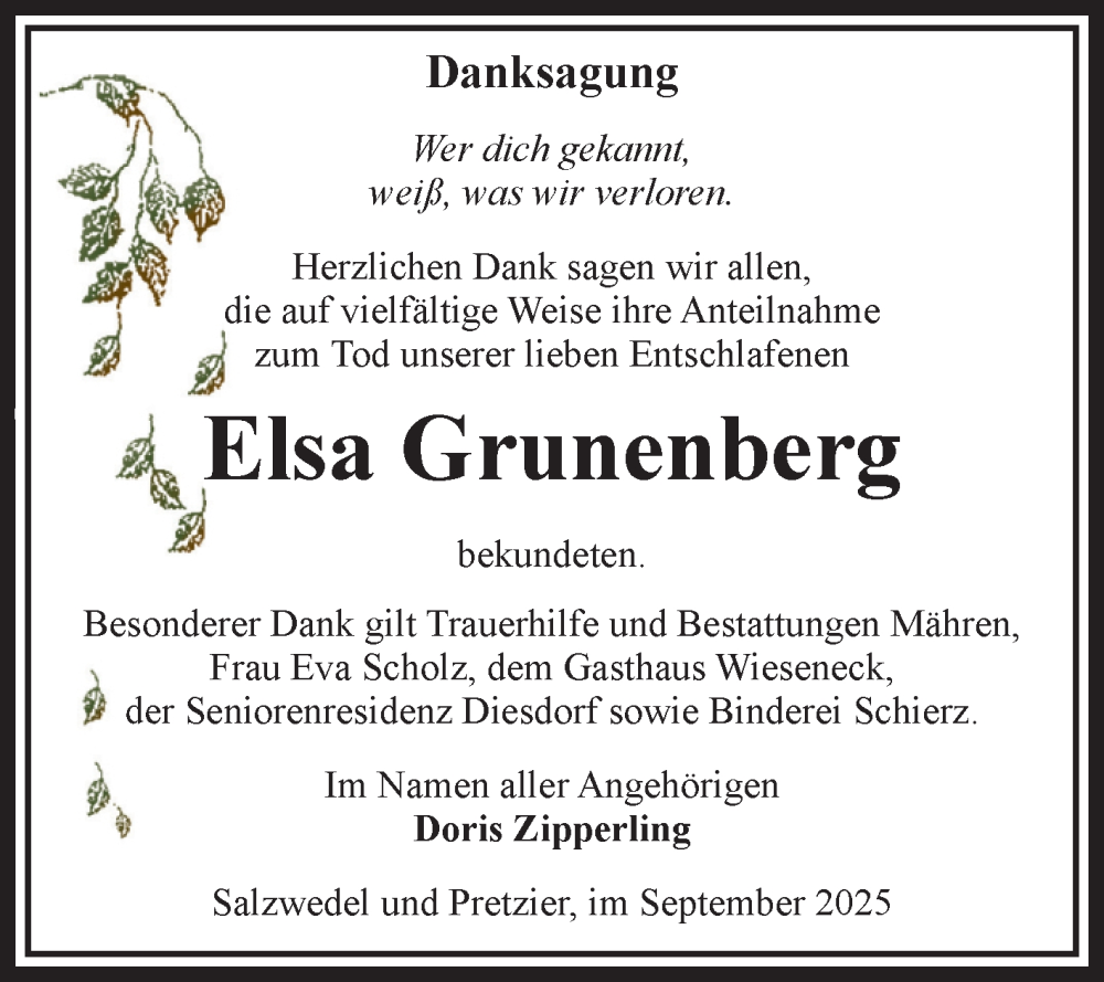  Traueranzeige für Elsa Grunenberg vom 11.10.2025 aus Volksstimme Altmark West