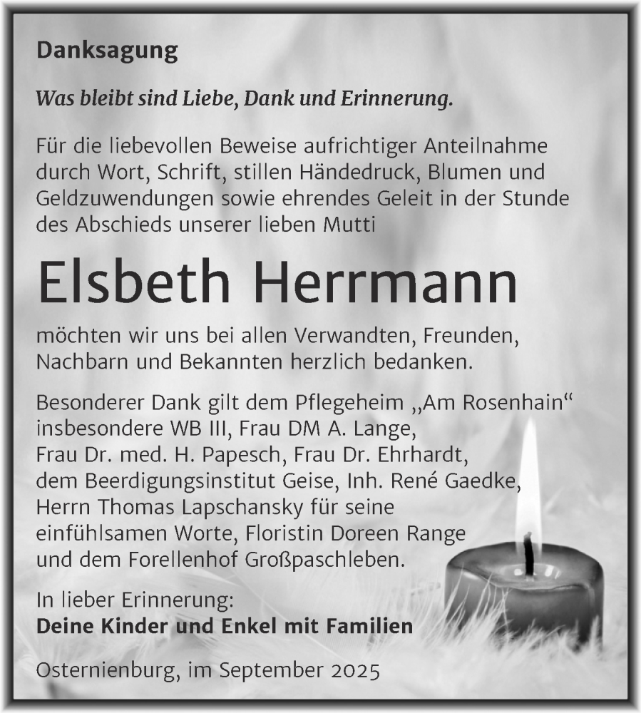  Traueranzeige für Elsbeth Herrmann vom 11.10.2025 aus Trauerkombi Köthen