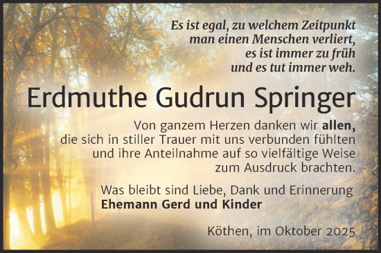 Traueranzeige von Erdmuthe Gudrun Springer von Trauerkombi Köthen