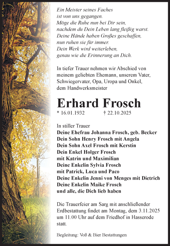 Traueranzeige von Erhard Frosch von Volksstimme Wernigerode