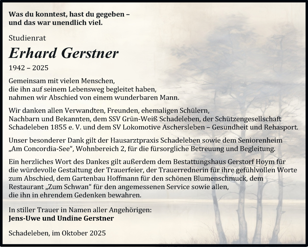  Traueranzeige für Erhard Gerstner vom 18.10.2025 aus Trauerkombi Aschersleben