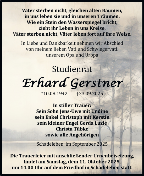 Traueranzeige von Erhard Gerstner von Trauerkombi Aschersleben