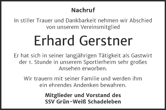 Traueranzeige von Erhard Gerstner von Trauerkombi Aschersleben