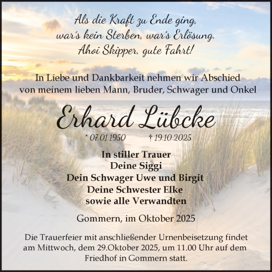 Traueranzeige von Erhard Lübcke von Volksstimme Burg/Genthin