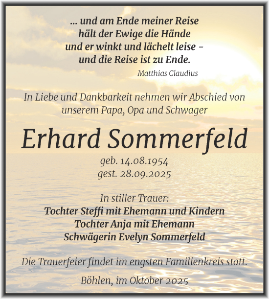 Traueranzeige von Erhard Sommerfeld von Trauerkombi Wittenberg