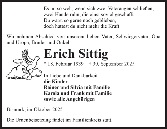 Traueranzeige von Erich Sittig von Volksstimme Altmark Ost