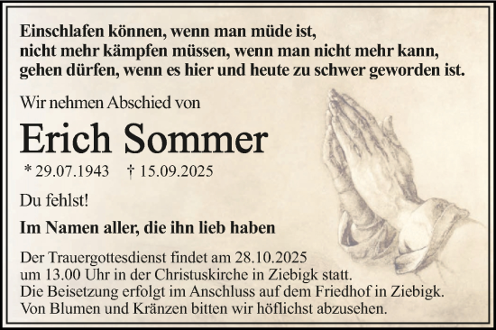 Traueranzeige von Erich Sommer von Trauerkombi Dessau