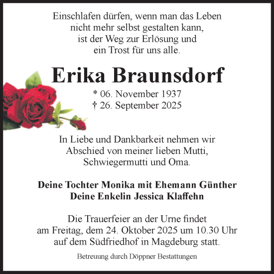 Traueranzeige von Erika Braunsdorf von Volksstimme Magdeburg