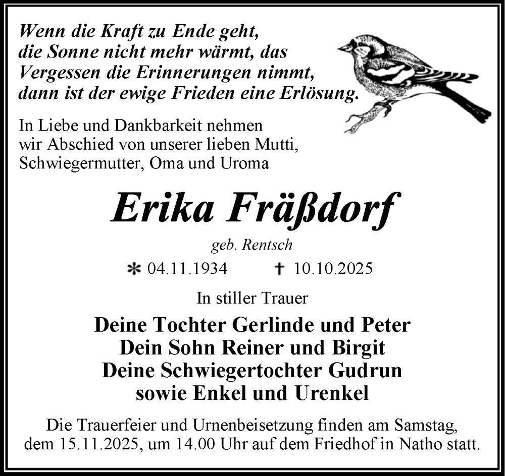  Traueranzeige für Erika Fräßdorf vom 18.10.2025 aus Trauerkombi Dessau