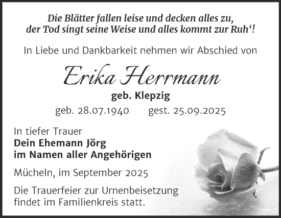Traueranzeige von Erika Herrmann von Trauerkombi Merseburg