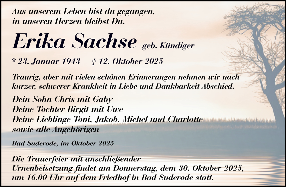  Traueranzeige für Erika Sachse vom 25.10.2025 aus Trauerkombi Quedlinburg