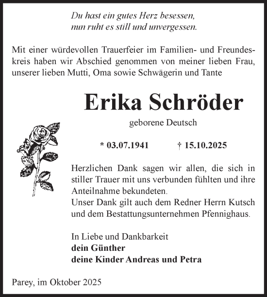 Traueranzeige von Erika Schröder von Volksstimme Burg/Genthin
