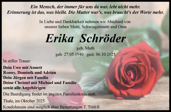 Traueranzeige von Erika Schröder von Trauerkombi Quedlinburg