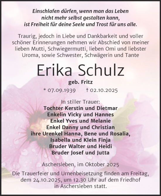 Traueranzeige von Erika Schulz von Trauerkombi Aschersleben