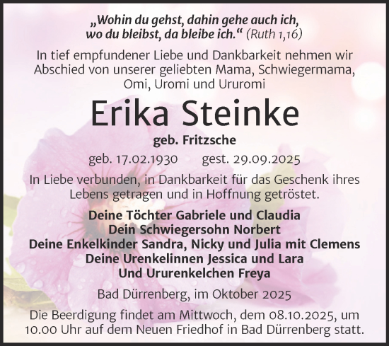 Traueranzeige von Erika Steinke von Trauerkombi Merseburg