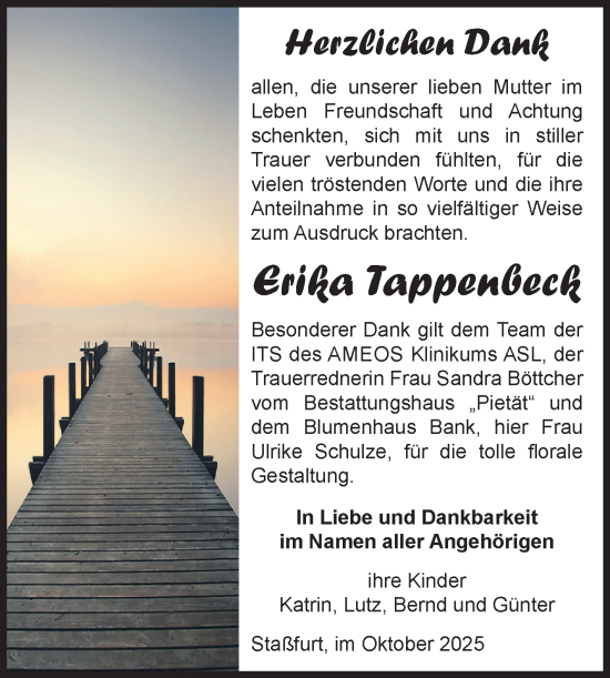 Traueranzeige von Erika Tappenbeck von Volksstimme Staßfurt