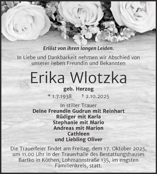 Traueranzeige von Erika Wlotzka von Trauerkombi Köthen