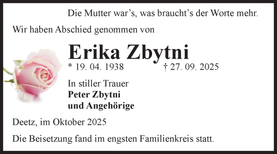 Traueranzeige von Erika Zbytni von Volksstimme Zerbst