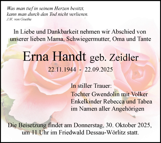 Traueranzeige von Erna Handt von Mitteldeutsche Zeitung Dessau-Roßlau