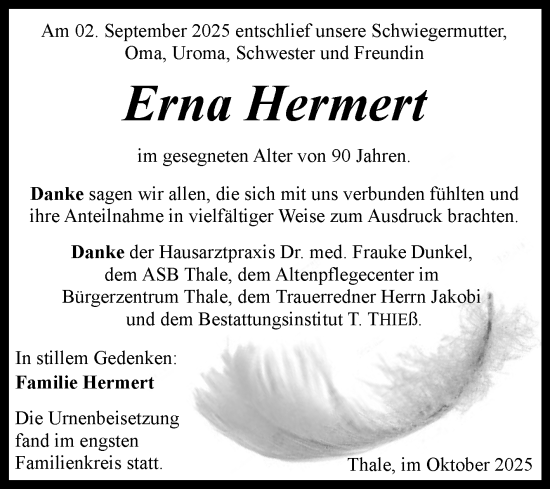 Traueranzeige von Erna Hermert von Trauerkombi Quedlinburg