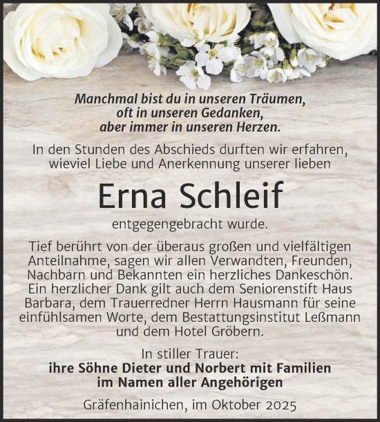 Traueranzeige von Erna Schleif von Trauerkombi Wittenberg