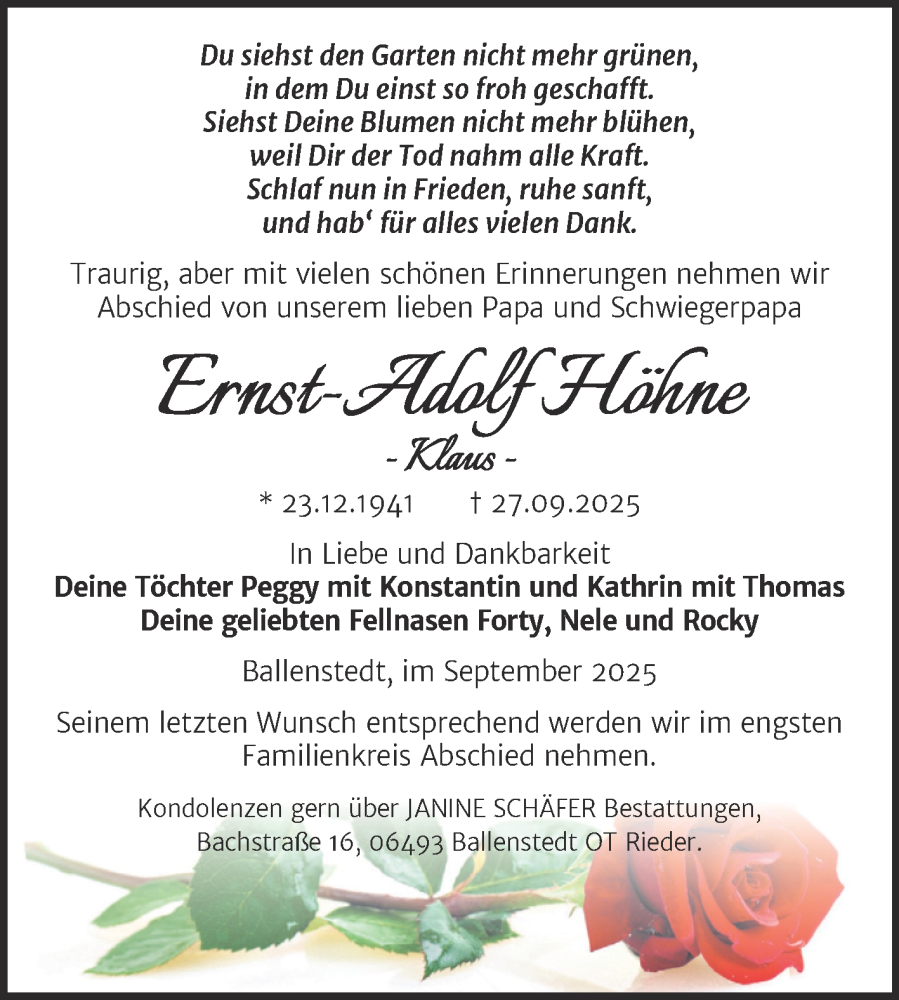  Traueranzeige für Ernst-Adolf Höhne vom 04.10.2025 aus Trauerkombi Quedlinburg