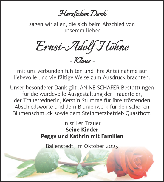 Traueranzeige von Ernst-Adolf Höhne von Trauerkombi Quedlinburg