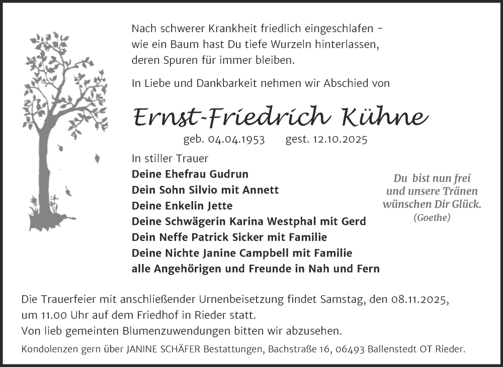  Traueranzeige für Ernst-Friedrich Kühne vom 25.10.2025 aus Trauerkombi Quedlinburg