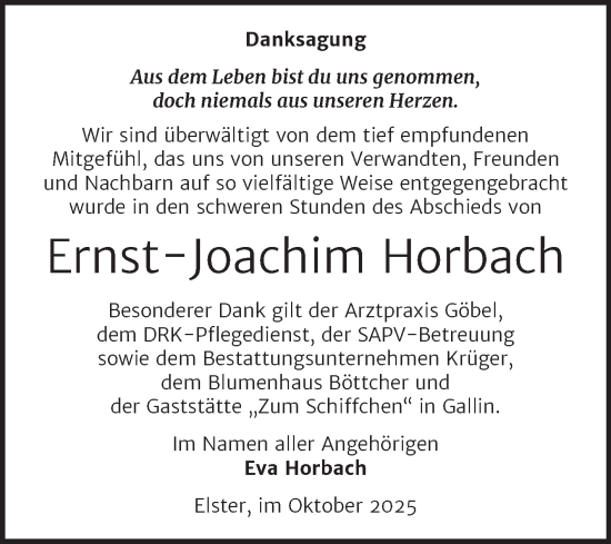 Traueranzeige von Ernst-Joachim Horbach von Trauerkombi Wittenberg