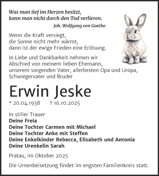 Traueranzeige von Erwin Jeske von Trauerkombi Wittenberg
