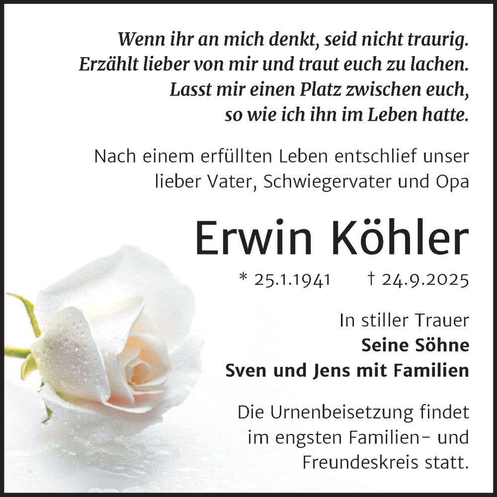  Traueranzeige für Erwin Köhler vom 04.10.2025 aus Trauerkombi Köthen