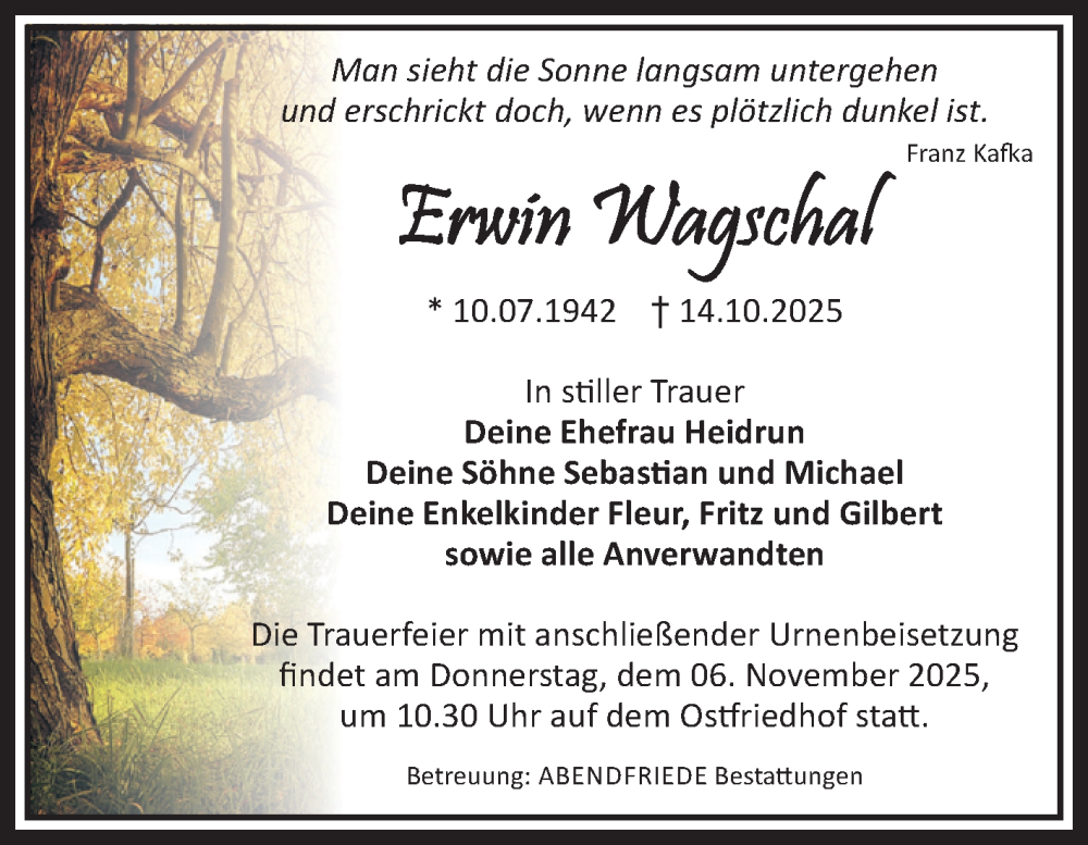  Traueranzeige für Erwin Wagschal vom 25.10.2025 aus Volksstimme Magdeburg