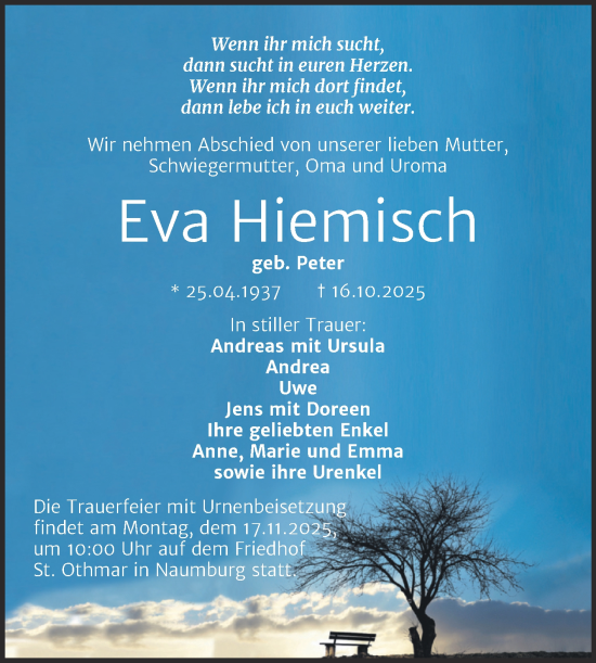Traueranzeige von Eva Hiemisch von Naumburger Tageblatt
