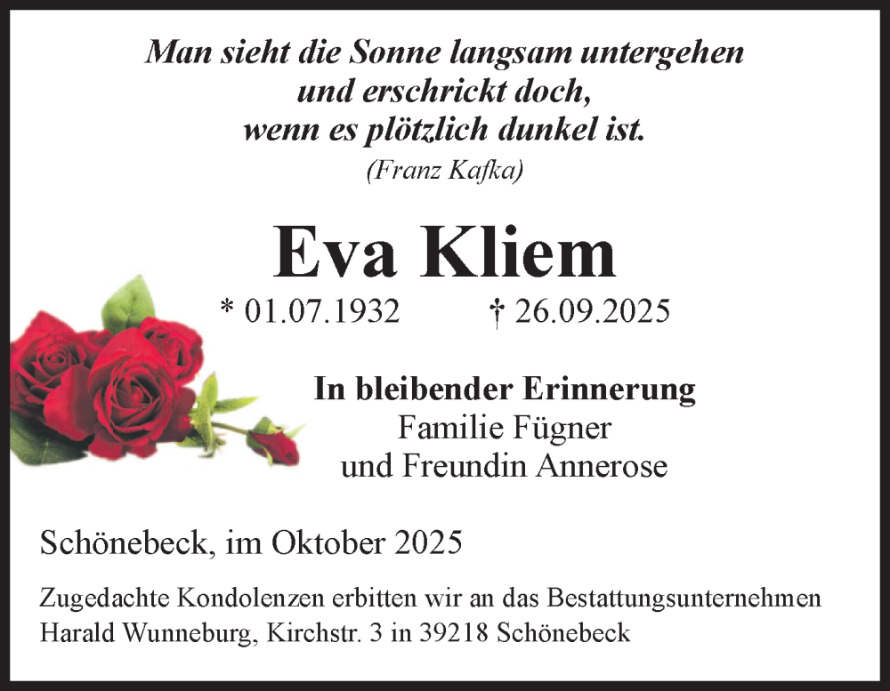  Traueranzeige für Eva Kliem vom 11.10.2025 aus Volksstimme Schönebeck