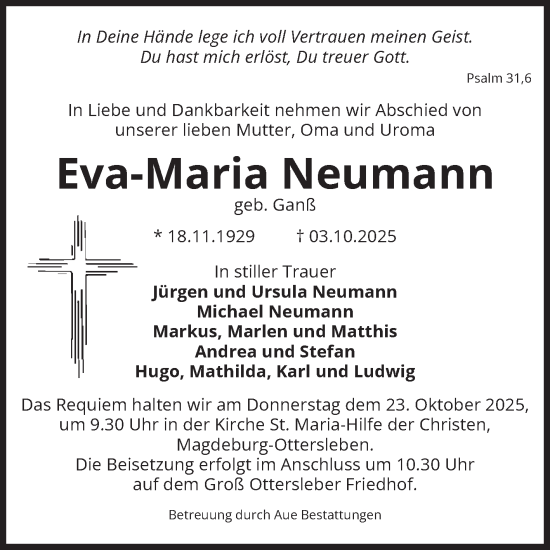 Traueranzeige von Eva-Maria Neumann von Volksstimme Magdeburg