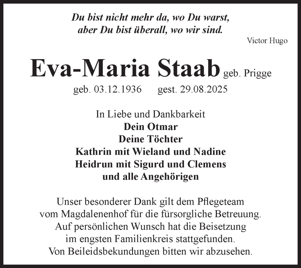  Traueranzeige für Eva-Maria Staab vom 04.10.2025 aus Volksstimme Schönebeck