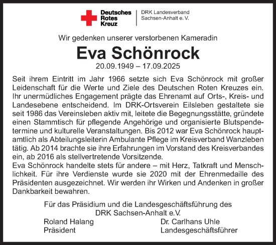 Traueranzeige von Eva Schönrock von Volksstimme Oschersleben/Wanzleben