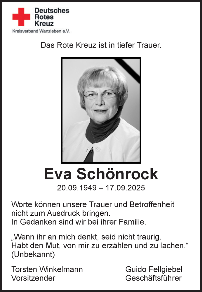  Traueranzeige für Eva Schönrock vom 04.10.2025 aus 