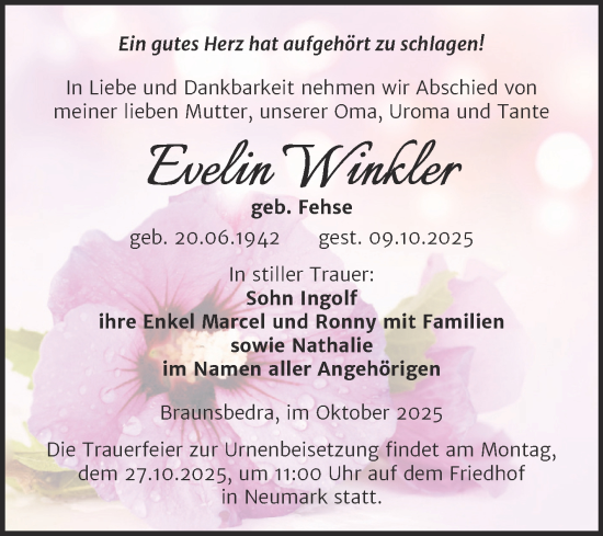 Traueranzeige von Evelin Winkler von Trauerkombi Merseburg
