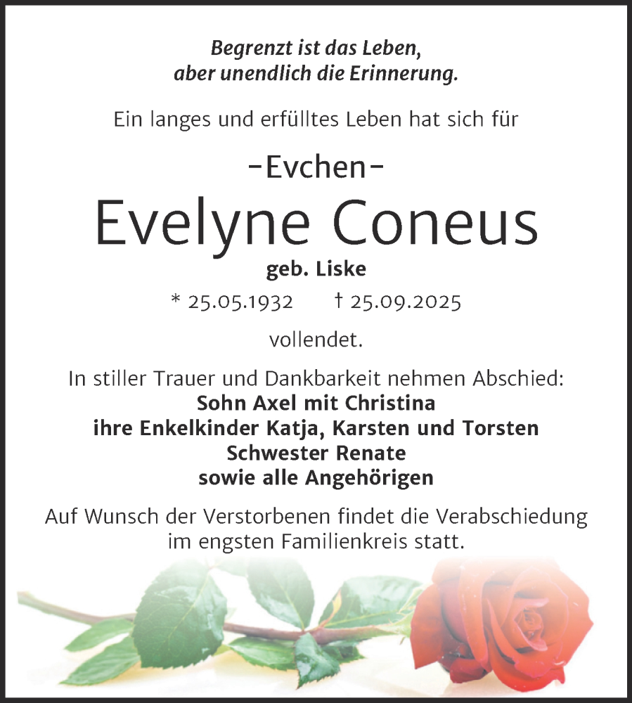  Traueranzeige für Evelyne Coneus vom 04.10.2025 aus Trauerkombi Aschersleben
