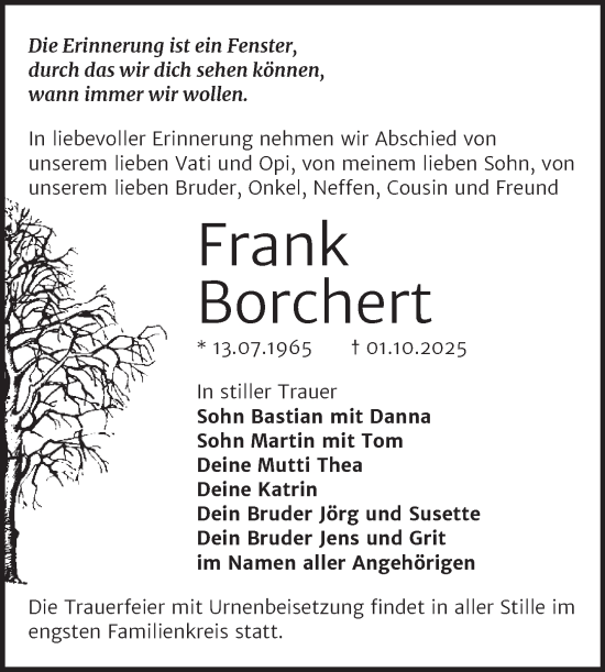 Traueranzeige von Frank Borchert von Trauerkombi Merseburg