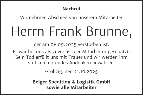 Traueranzeige von Frank Brunne von Mitteldeutsche Zeitung Köthen