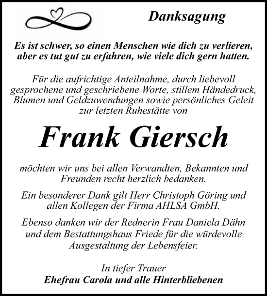 Traueranzeige von Frank Giersch von Trauerkombi Dessau
