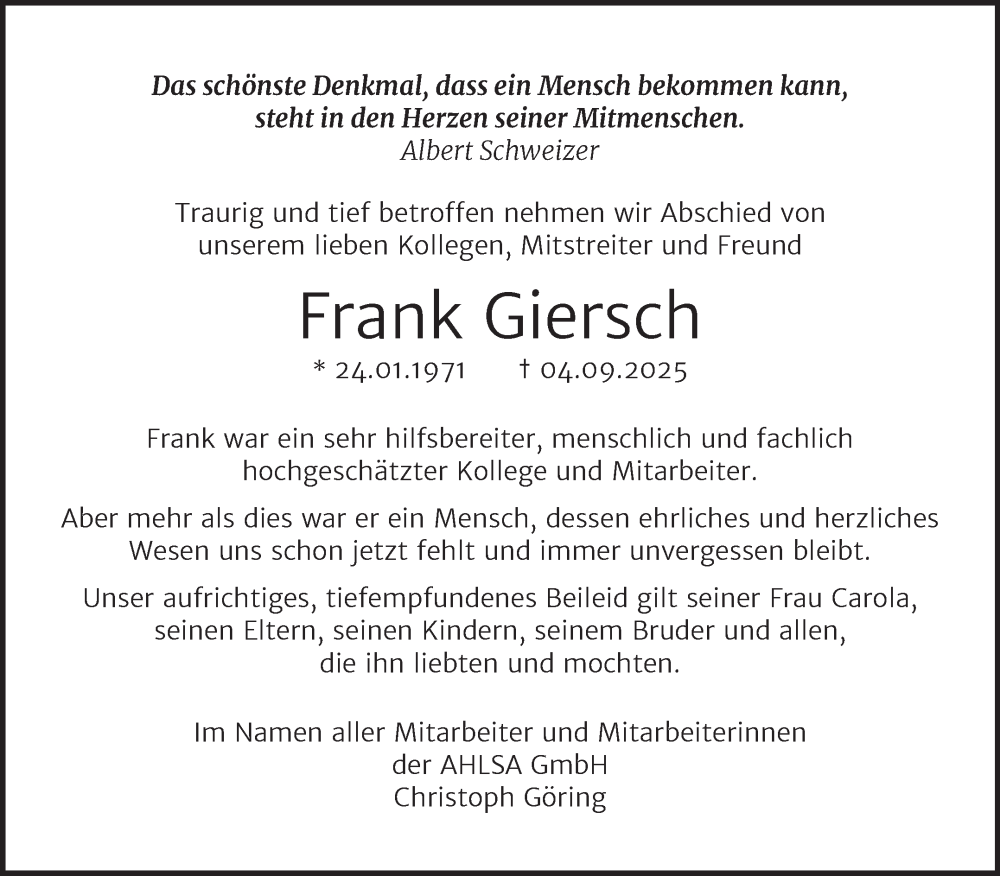  Traueranzeige für Frank Giersch vom 04.10.2025 aus Super Sonntag Dessau-Roßlau