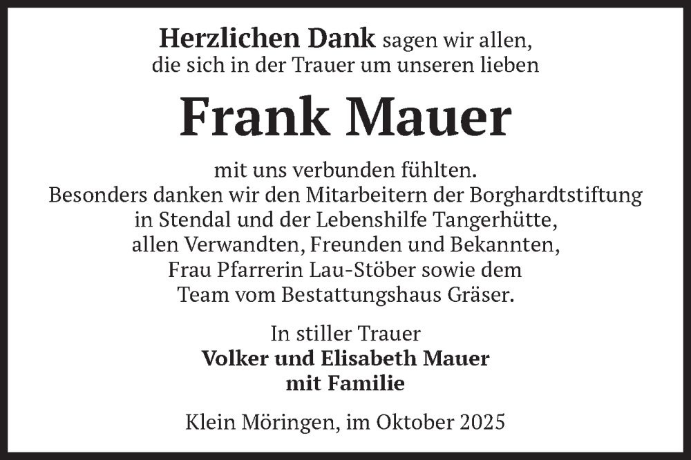  Traueranzeige für Frank Mauer vom 04.10.2025 aus Volksstimme Altmark Ost