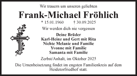 Traueranzeige von Frank-Michael Fröhlich von Volksstimme Zerbst