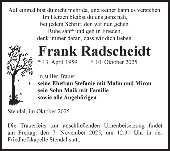 Traueranzeige von Frank Radscheidt von Volksstimme Altmark Ost